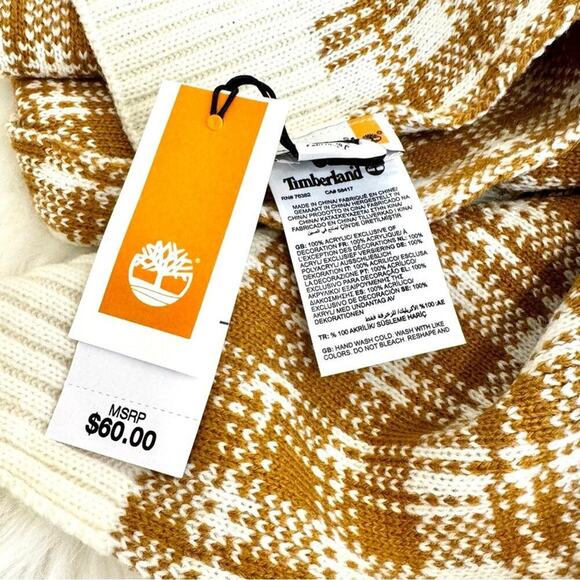 NWT Timberland Plaid Knit Scarf Brown Cream Winter Snow Warm - Picture 5 of 8